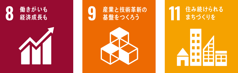 8.働きがいも経済成長も 9.産業と技術革新の基盤をつくろう 11.住み続けられるまちづくりを