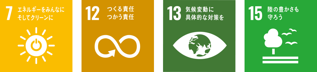 7.エネルギーをみんなに そしてクリーンに 12.つくる責任 つかう責任 13.気候変動に具体的な対策を 15.陸の豊かさも守ろう